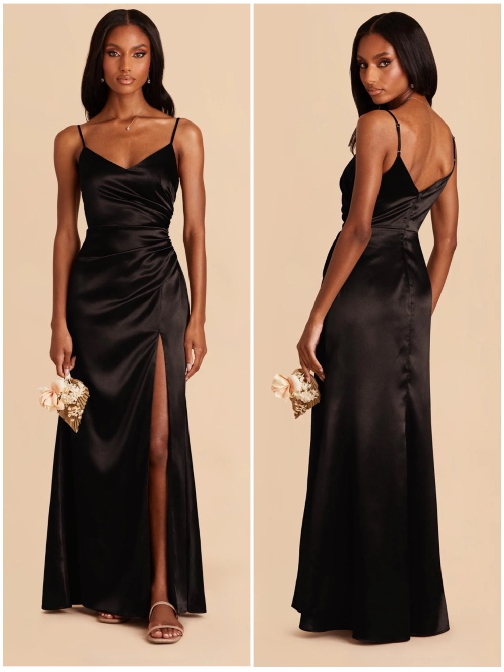 BIRDIE GREY Women’s Size XS Shiny Satin Black Catherine Ruched Bridesmaid Gown